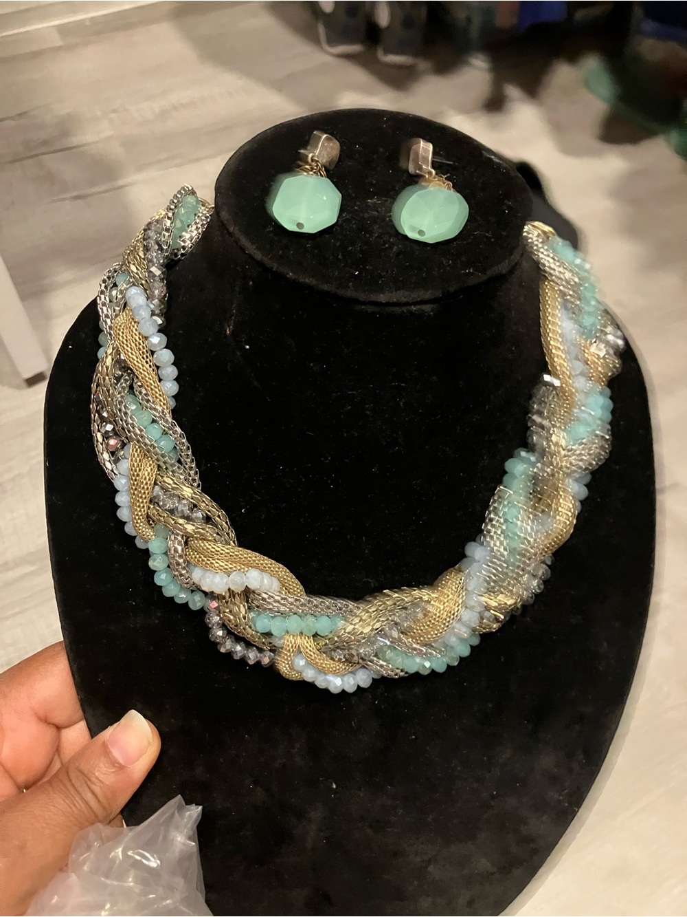 Gold & Mint Beaded Braided Necklace with Mint Drop Earrings